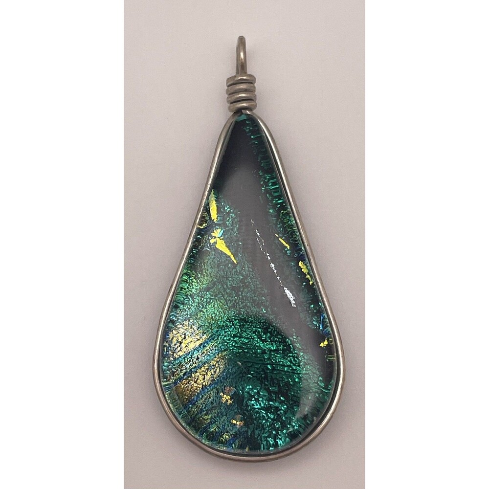 Teardrop Dichroic Green Glass Pendant Silver Tone Bezel Setting Iridescent